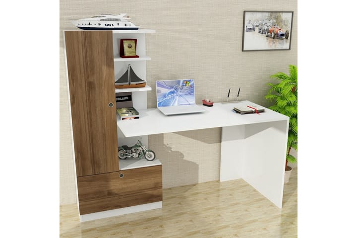 Kirjoituspöytä Lorella 120 cm Säilytys Hyllyt+Laatikko+kaapp - Valkoinen/Pähkinänruskea - Tietokonepöytä
 - Kirjoituspöytä