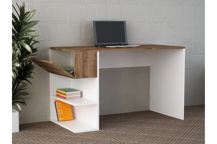 Kirjoituspöytä Lorella 121 cm Säilytyksellä Hyllyt +ovi - Valkoinen/Pähkinänruskea - Tietokonepöytä
 - Kirjoituspöytä