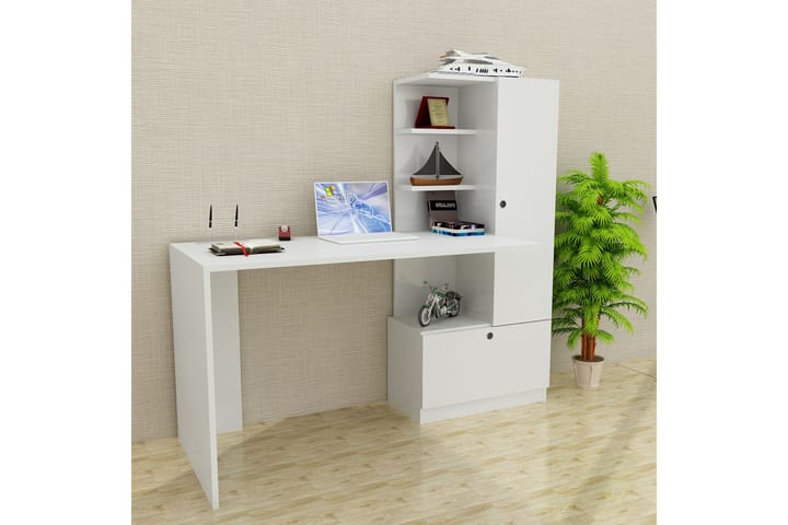 Kirjoituspöytä Lorella 150 cm Säilytys Hyllyt+Laatikko+kaapp - Valkoinen - Tietokonepöytä
 - Kirjoituspöytä