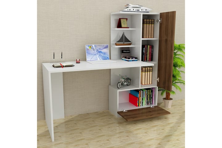 Kirjoituspöytä Lorella 150 cm Säilytys Hyllyt+Laatikko+kaapp - Valkoinen/Pähkinänruskea - Tietokonepöytä
 - Kirjoituspöytä