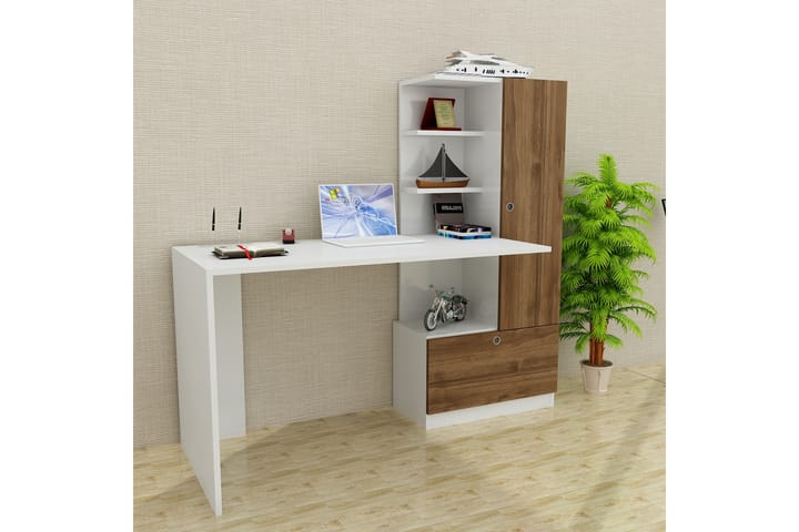 Kirjoituspöytä Lorella 150 cm Säilytys Hyllyt+Laatikko+kaapp - Valkoinen/Pähkinänruskea - Tietokonepöytä
 - Kirjoituspöytä