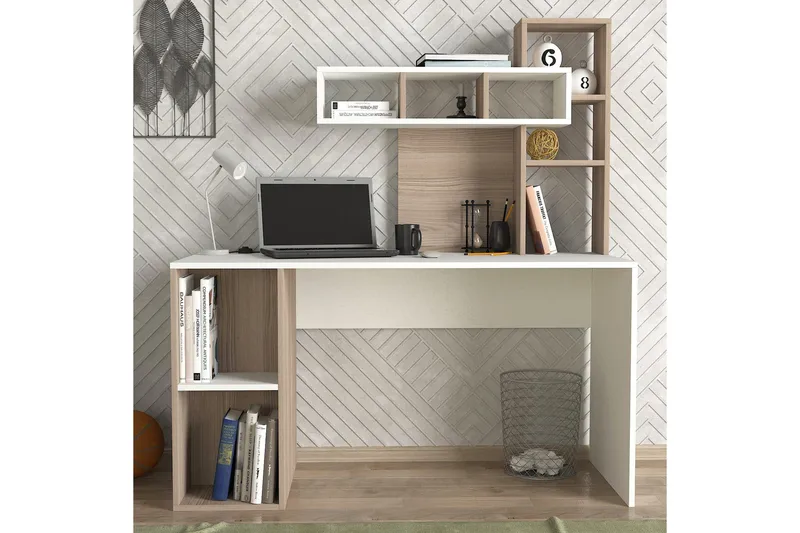 Kirjoituspöytä Lundskog 140 cm Säilytyksellä Hyllyt - Valkoinen/Luonnonväri - Huonekalut - Pöytä & ruokailuryhmä - Työpöytä - Kirjoituspöytä