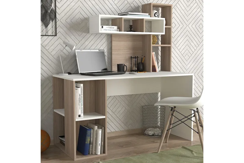 Kirjoituspöytä Lundskog 140 cm Säilytyksellä Hyllyt - Valkoinen/Luonnonväri - Huonekalut - Pöytä & ruokailuryhmä - Työpöytä - Kirjoituspöytä