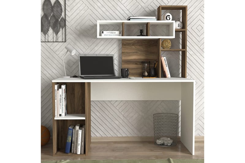 Kirjoituspöytä Lundskog 140 cm Säilytyksellä Hyllyt - Valkoinen/Pähkinänruskea - Huonekalut - Pöytä & ruokailuryhmä - Työpöytä - Kirjoituspöytä