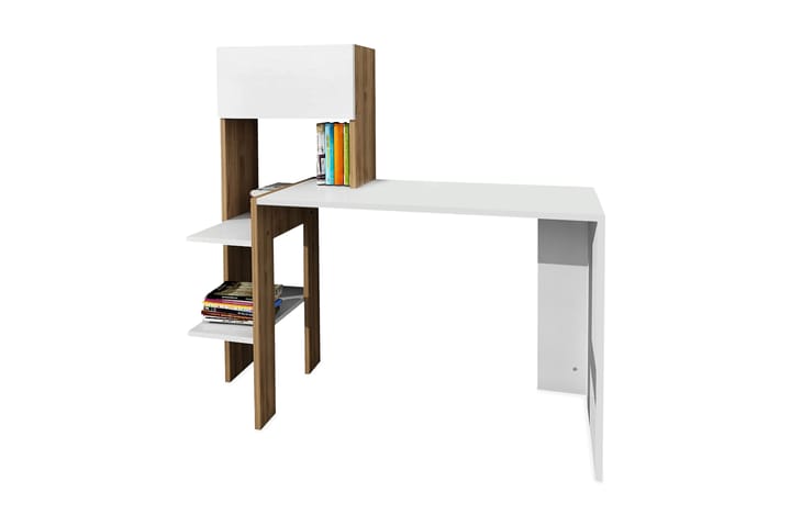 Kirjoituspöytä Margerill 114 cm Säilytyksellä Hyllyt+ovet - Valkoinen/Pähkinänruskea - Tietokonepöytä
 - Kirjoituspöytä