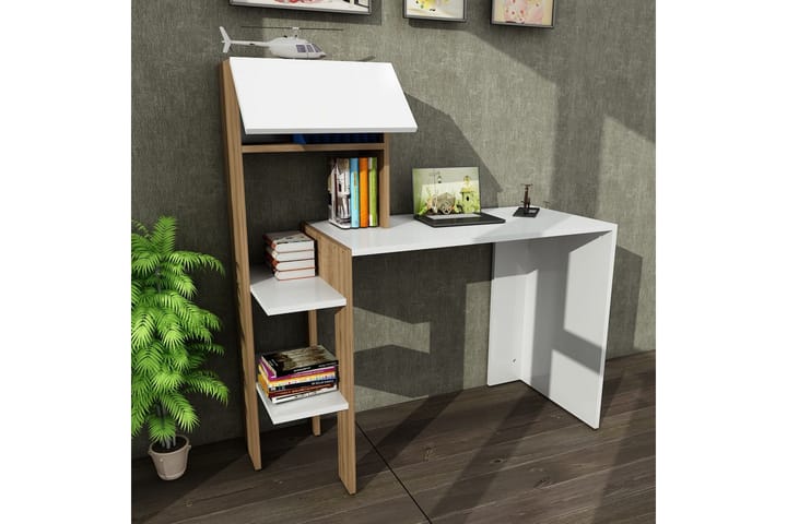 Kirjoituspöytä Margerill 114 cm Säilytyksellä Hyllyt+ovet - Valkoinen/Pähkinänruskea - Tietokonepöytä
 - Kirjoituspöytä