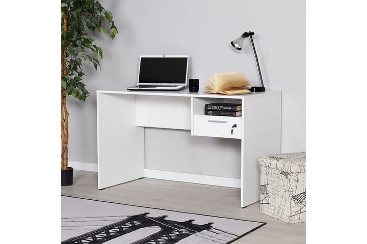 Kirjoituspöytä Mazirbe 120 cm Säilytys Hyllyt + Laatikko - Valkoinen - Tietokonepöytä
 - Kirjoituspöytä