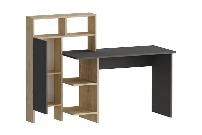 Kirjoituspöytä Mazirbe 135 cm Säilytyksellä Hyllyt + Kaappi - Antrasiitti/Luonnonväri - Huonekalut - Pöytä & ruokailuryhmä - Työpöytä - Kirjoituspöytä