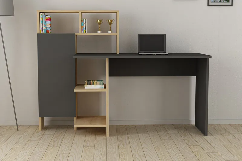 Kirjoituspöytä Mazirbe 135 cm Säilytyksellä Hyllyt + Kaappi - Antrasiitti/Luonnonväri - Huonekalut - Pöytä & ruokailuryhmä - Työpöytä - Kirjoituspöytä