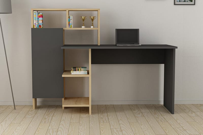 Kirjoituspöytä Mazirbe 135 cm Säilytyksellä Hyllyt + Kaappi - Antrasiitti/Luonnonväri - Huonekalut - Pöytä & ruokailuryhmä - Työpöytä - Kirjoituspöytä