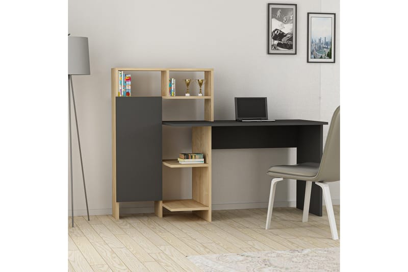 Kirjoituspöytä Mazirbe 135 cm Säilytyksellä Hyllyt + Kaappi - Antrasiitti/Luonnonväri - Huonekalut - Pöytä & ruokailuryhmä - Työpöytä - Kirjoituspöytä