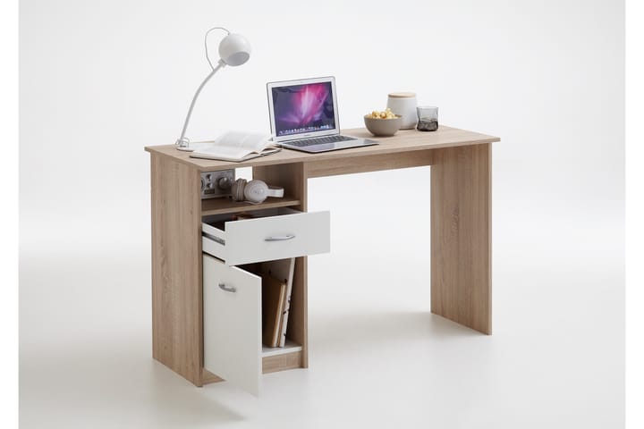 Kirjoituspöytä Melodi 123 cm Säilytys Hylly+Laatikko+kaappi - Valkoinen/Puu - Tietokonepöytä
 - Kirjoituspöytä