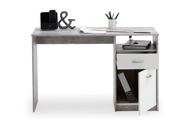 Kirjoituspöytä Melodi 123 cm Säilytys Laatikko+kaappi+Hylly - Betoninharmaa/Valkoinen - Tietokonepöytä
 - Kirjoituspöytä