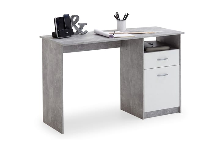 Kirjoituspöytä Melodi 123 cm Säilytys Laatikko+kaappi+Hylly - Betoninharmaa/Valkoinen - Tietokonepöytä
 - Kirjoituspöytä