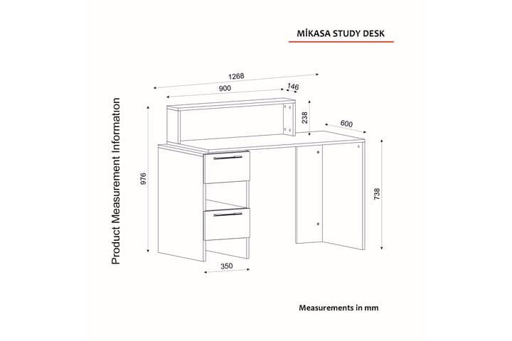 Kirjoituspöytä Mikasa 127 cm Säilytyksellä Hyllyt+ovet - Valkoinen - Tietokonepöytä
 - Kirjoituspöytä