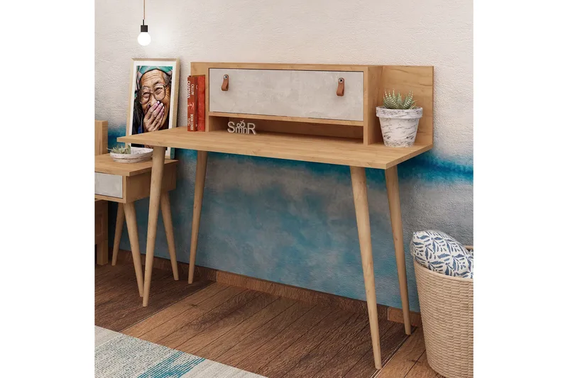 Kirjoituspöytä Naidaj 120 cm Säilytys Hylly+Ovi Nahkavedin - Puu/Valkoinen - Huonekalut - Pöytä & ruokailuryhmä - Työpöytä - Kirjoituspöytä