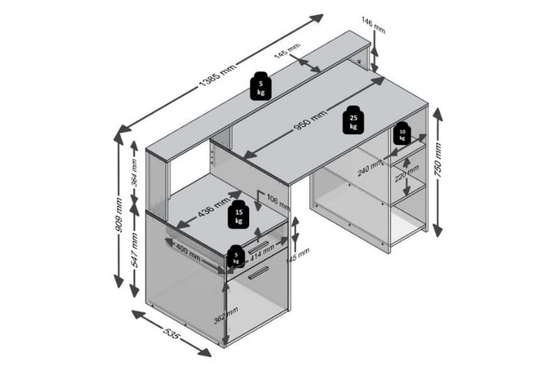 Kirjoituspöytä Nataniela 139 cm Säilytyksellä - Valkoinen/Tammi - Huonekalut - Pöytä & ruokailuryhmä - Työpöytä - Kirjoituspöytä