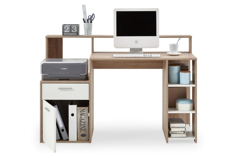 Kirjoituspöytä Nataniela 139 cm Säilytyksellä - Valkoinen/Tammi - Huonekalut - Pöytä & ruokailuryhmä - Työpöytä - Kirjoituspöytä