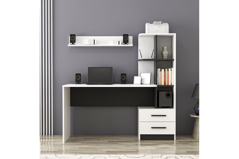 Kirjoituspöytä Razotaji 120 cm Säilytys Laatikko + hyllyt, Valkoinen/Musta
