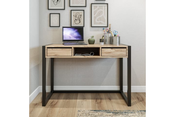Kirjoituspöytä Shatz 115 cm Säilytyksellä laatikot+Hylly - Puu/Luonnonväri/Musta - Kirjoituspöytä - Tietokonepöytä