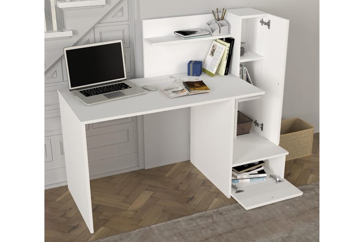 Kirjoituspöytä Shellon 143 cm Säilytyksellä Hyllyt+kaappi - Valkoinen - Tietokonepöytä
 - Kirjoituspöytä