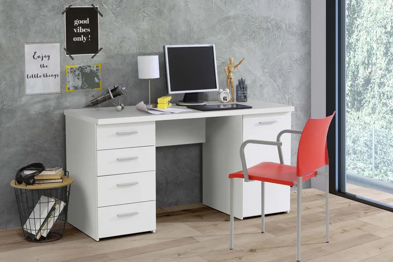 Kirjoituspöytä Skirbeck 145 cm Säilytys Kaappi+4 laatikkoa+H - Valkoinen - Huonekalut - Pöytä & ruokailuryhmä - Työpöytä - Kirjoituspöytä