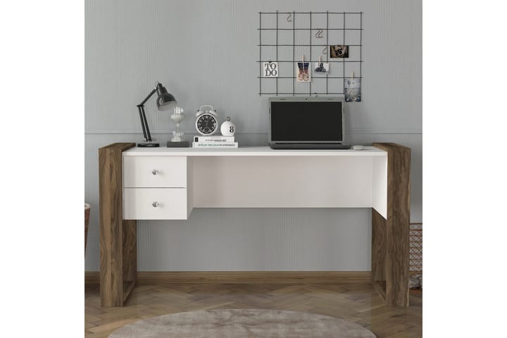 Kirjoituspöytä Tejmon 140 cm Säilytyksellä laatikot - Valkoinen/Pähkinänruskea - Tietokonepöytä
 - Kirjoituspöytä