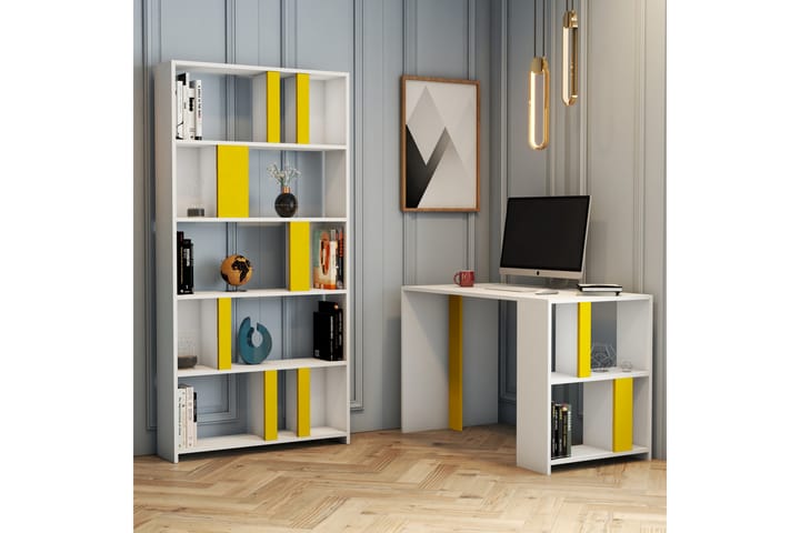 Kirjoituspöytä Tibani 120 cm Säilytyksellä Hylly+Kirjahylly - Valkoinen/Keltainen - Tietokonepöytä
 - Kirjoituspöytä