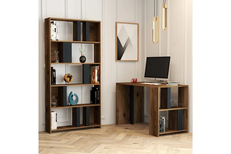 Kirjoituspöytä Tibani 120 cm Säilytyksellä Hylly+Kirjahylly - Pähkinänruskea/Antrasiitti - Huonekalut - Pöytä & ruokailuryhmä - Työpöytä - Kirjoituspöytä