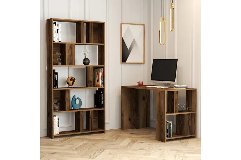Kirjoituspöytä Tibani 120 cm Säilytyksellä Hylly+Kirjahylly - Pähkinänruskea - Huonekalut - Pöytä & ruokailuryhmä - Työpöytä - Kirjoituspöytä