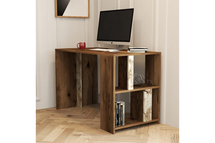 Kirjoituspöytä Tibani 120 cm Säilytyksellä Hylly Marmorikuvi - Ruskea/Valkoinen/Harmaa - Tietokonepöytä
 - Kirjoituspöytä