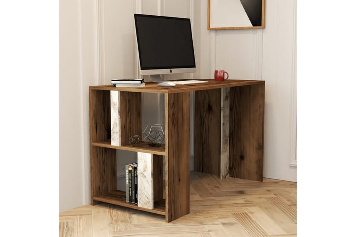 Kirjoituspöytä Tibani 120 cm Säilytyksellä Hylly Marmorikuvi - Ruskea/Valkoinen/Harmaa - Tietokonepöytä
 - Kirjoituspöytä