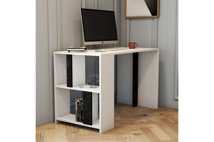 Kirjoituspöytä Tibani 120 cm säilytys Hylly+Kirjahylly Marmo - Valkoinen/Musta - Tietokonepöytä
 - Kirjoituspöytä