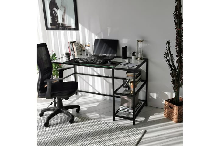 Kirjoituspöytä Vallsbo 130 cm Säilytyksellä 2 hyllyä - Lasi/Musta - Tietokonepöytä
 - Kirjoituspöytä
