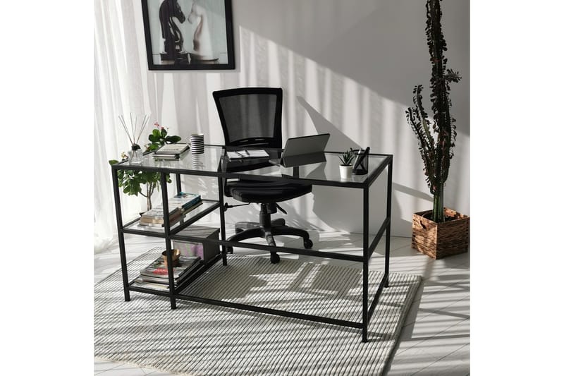 Kirjoituspöytä Vallsbo 130 cm Säilytyksellä 2 hyllyä - Lasi/Musta - Huonekalut - Pöytä & ruokailuryhmä - Työpöytä - Kirjoituspöytä