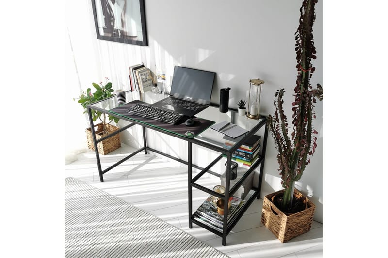 Kirjoituspöytä Vallsbo 130 cm Säilytyksellä 2 hyllyä - Lasi/Musta - Huonekalut - Pöytä & ruokailuryhmä - Työpöytä - Kirjoituspöytä