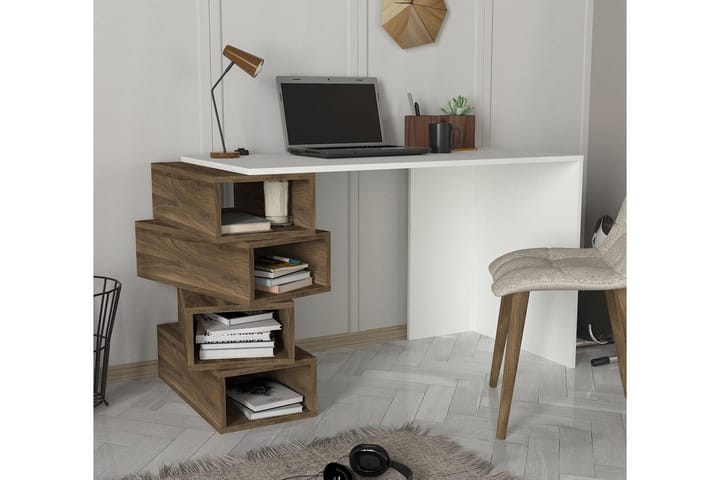 Kirjoituspöytä Verano 130 cm Säilytyksellä Hyllyt - Valkoinen/Pähkinänruskea - Tietokonepöytä
 - Kirjoituspöytä