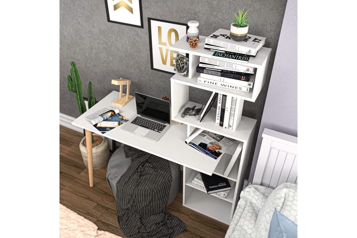 Kirjoituspöytä Zakkum 55x146,4x133 cm Säilytyksellä - Valkoinen - Tietokonepöytä
 - Kirjoituspöytä