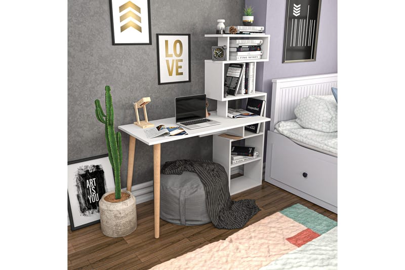 Kirjoituspöytä Zakkum 55x146,4x133 cm Säilytyksellä - Valkoinen - Huonekalut - Pöytä & ruokailuryhmä - Työpöytä
 - Kirjoituspöytä