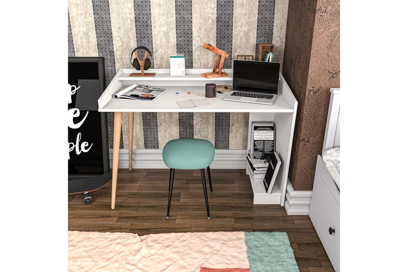 Kirjoituspöytä Zakkum 59x88,3x121,8 cm Säilytyksellä - Valkoinen - Huonekalut - Pöytä & ruokailuryhmä - Työpöytä
 - Kirjoituspöytä