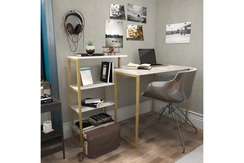 Kirjoituspöytä Zakkum 60x76,8x133 cm Säilytyksellä - Kulta - Huonekalut - Pöytä & ruokailuryhmä - Työpöytä
 - Kirjoituspöytä