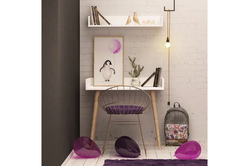 Kirjoituspöytä Zonata 90 cm Säilytyksellä Seinähylly - Valkoinen/Luonnonväri - Huonekalut - Pöytä & ruokailuryhmä - Työpöytä - Kirjoituspöytä