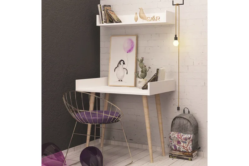Kirjoituspöytä Zonata 90 cm Säilytyksellä Seinähylly - Valkoinen/Luonnonväri - Huonekalut - Pöytä & ruokailuryhmä - Työpöytä - Kirjoituspöytä