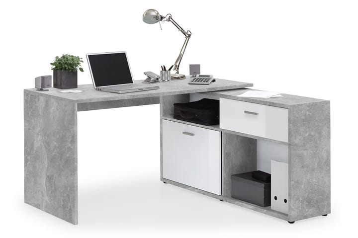 Kirjoituspöytä Imani 138 cm säädettävällä hyllyllä - Valkoinen/Betoni - Kulmakirjoituspöytä