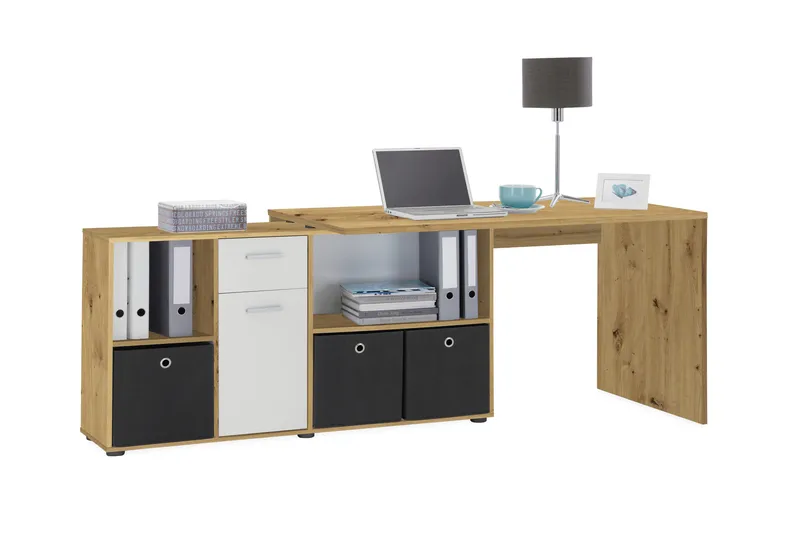 Kulmakirjoituspöytä Hitzman 136 cm Kaareva Säilytyksellä - Ruskea/Valkoinen - Huonekalut - Pöytä & ruokailuryhmä - Työpöytä - Kirjoituspöytä - Kulmakirjoituspöytä