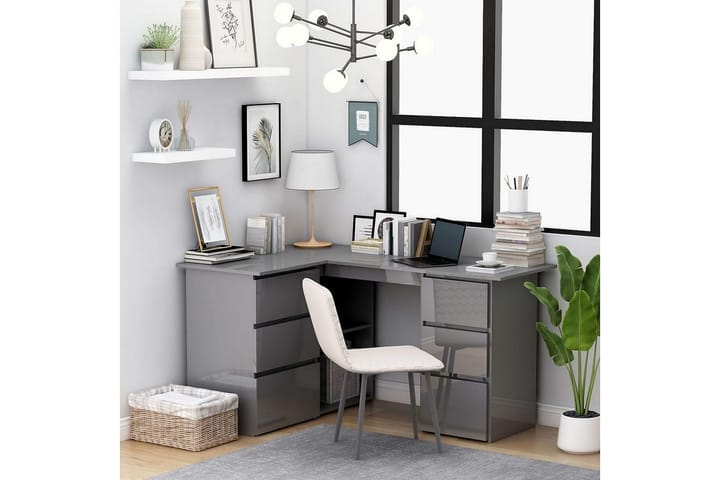 Kulmapöytä korkeakiilto harmaa 145x100x76 cm lastulevy - Harmaa - Tietokonepöytä
 - Kirjoituspöytä