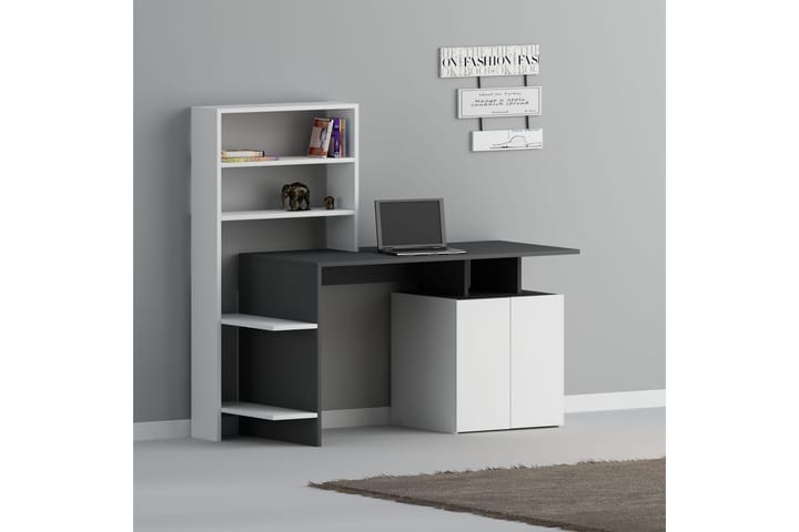 Kirjoituspöytä Melisin 146 cm Säilytyksellä Hyllyt+kaappi - Valkoinen/Antrasiitti - Tietokonepöytä
 - Kirjoituspöytä
