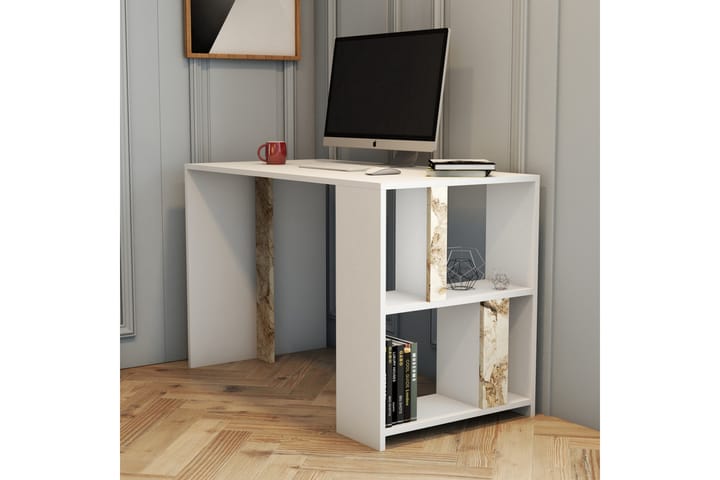 Kirjoituspöytä Tibani 120 cm Säilytyksellä Hylly Marmorikuvi - Valkoinen - Tietokonepöytä
 - Kirjoituspöytä