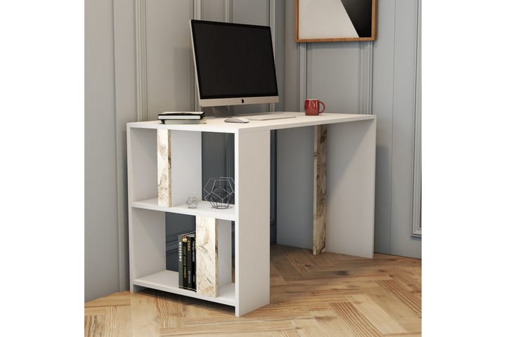 Kirjoituspöytä Tibani 120 cm Säilytyksellä Hylly Marmorikuvi - Valkoinen - Tietokonepöytä
 - Kirjoituspöytä