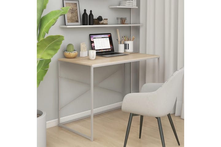 Tietokonepöytä valkoinen ja tammi 110x60x70 cm lastulevy - Ruskea - Tietokonepöytä
 - Kirjoituspöytä